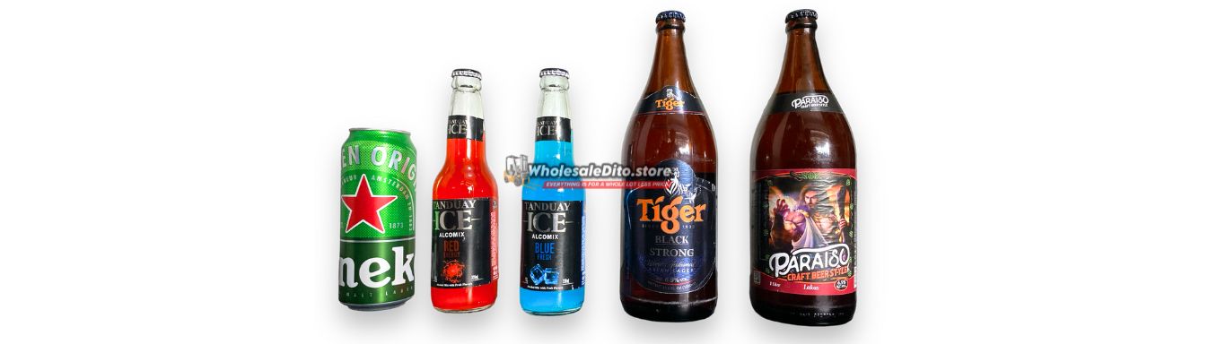 Assorted alcoholic beverages including beer, rum, and spirits