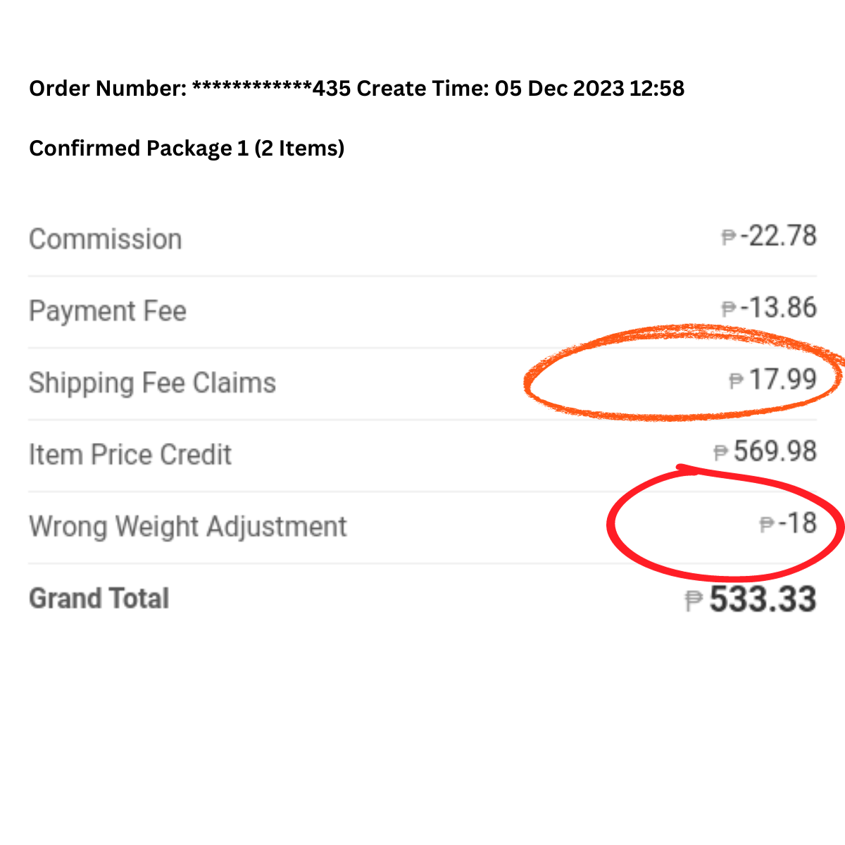 Lazada wrong weight adjustment evidence from Wholesale Dito