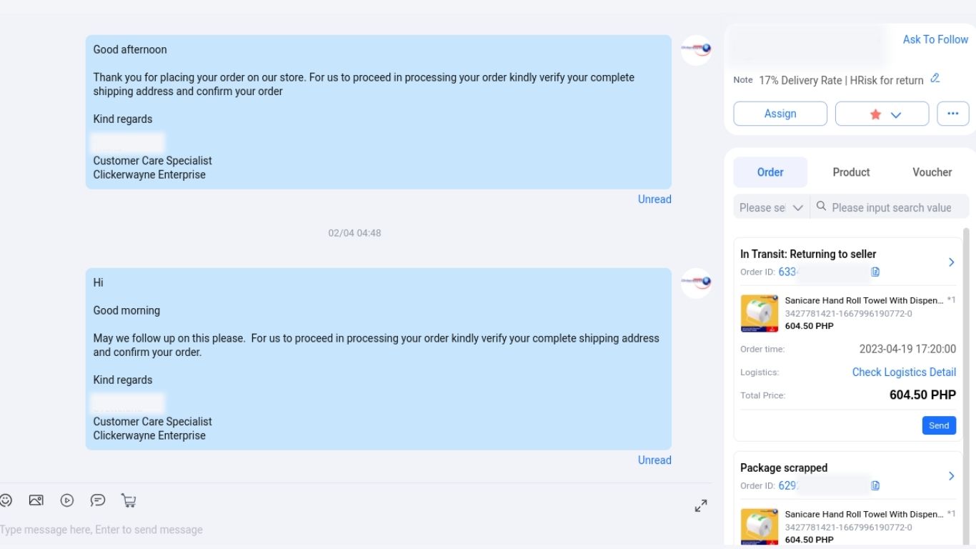 Sending chat message to customer to verify order details on Lazada